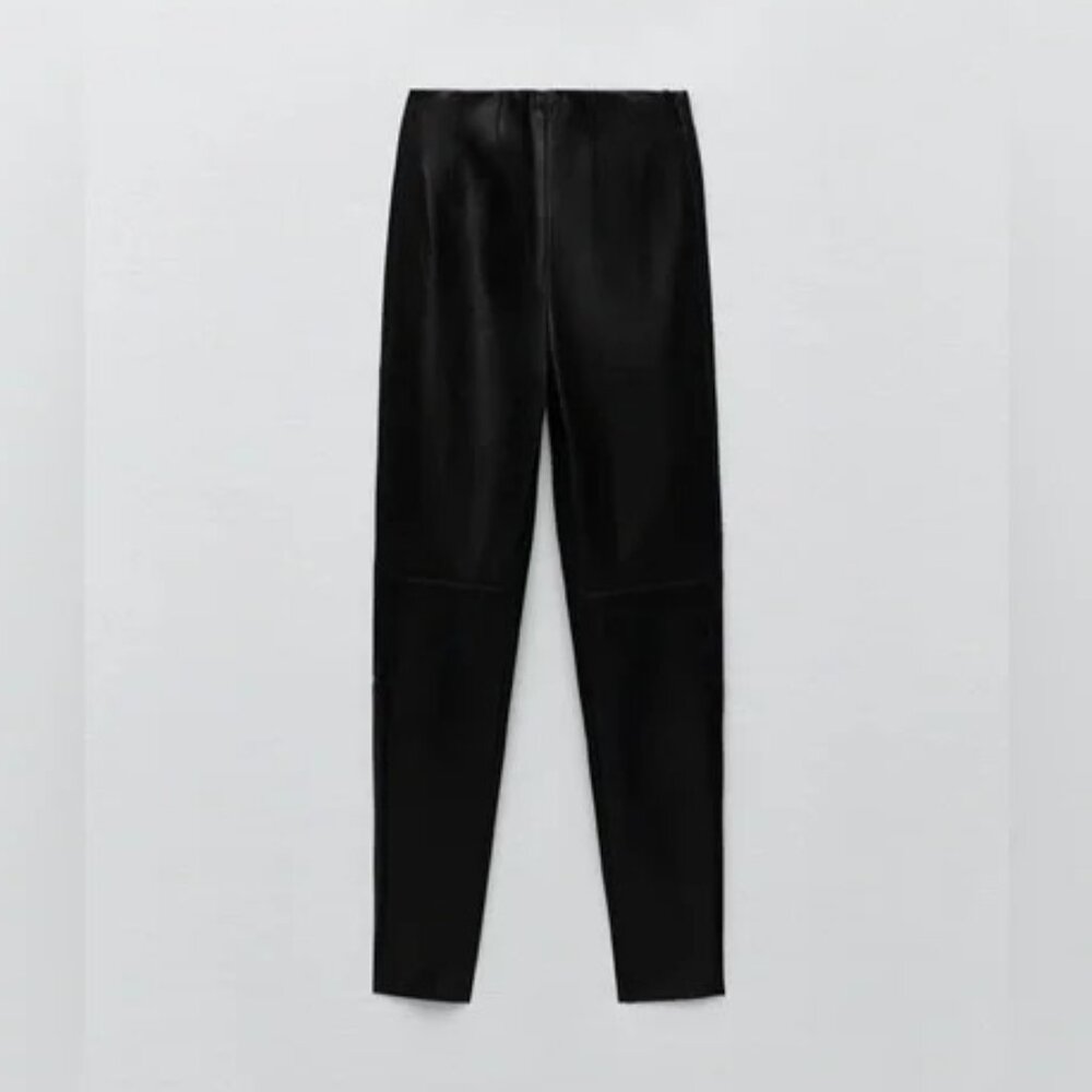 ZARA Black Faux Leather Midrise Ankle Cropped Straight Pants Size MEDIUM Moto